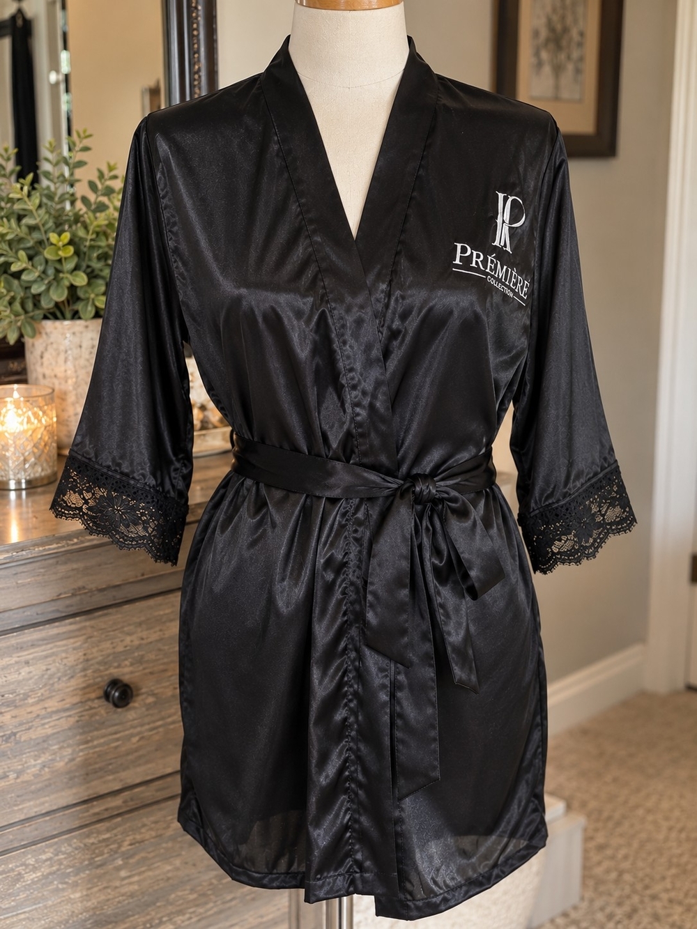 Black Satin Lace-Trim Robe
